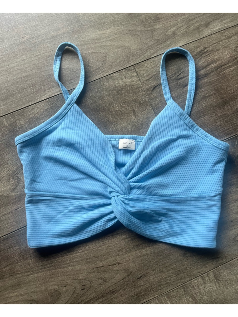 Wilfred Light Blue Ribbed Twist-Front Crop Top